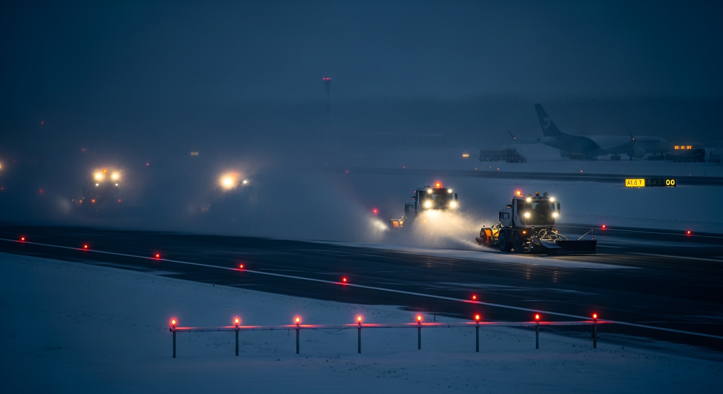 Autonomous snow-clearing vehicles plowing an airport runway at dusk